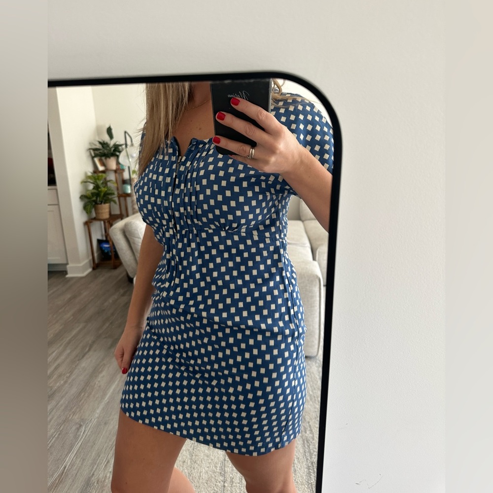 Blue White Squares Mini TRF dress Size S with front Zipper Costal Y2K vibe